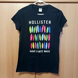 Women's Hollister T-shirt Black with colorful Surfboards print, Sz L Used